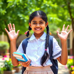 A portrait of a youthful Indian girl dressed in a traditional school uniform, complete with a neatly pressed white shirt and a knee-length skirt