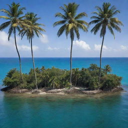 A dramatic transformation of the tropical island, now almost entirely submerged beneath the ocean's surface following a succession of disasters. Only the tallest palm trees remain visible, painting a solemn image of a paradise lost.