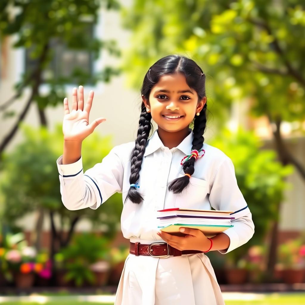 A portrait of a youthful Indian girl dressed in a traditional school uniform, complete with a neatly pressed white shirt and a knee-length skirt