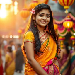 A beautiful Indian girl wearing a traditional saree, showing vibrant colors and intricate patterns