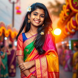 A beautiful Indian girl wearing a traditional saree, showing vibrant colors and intricate patterns