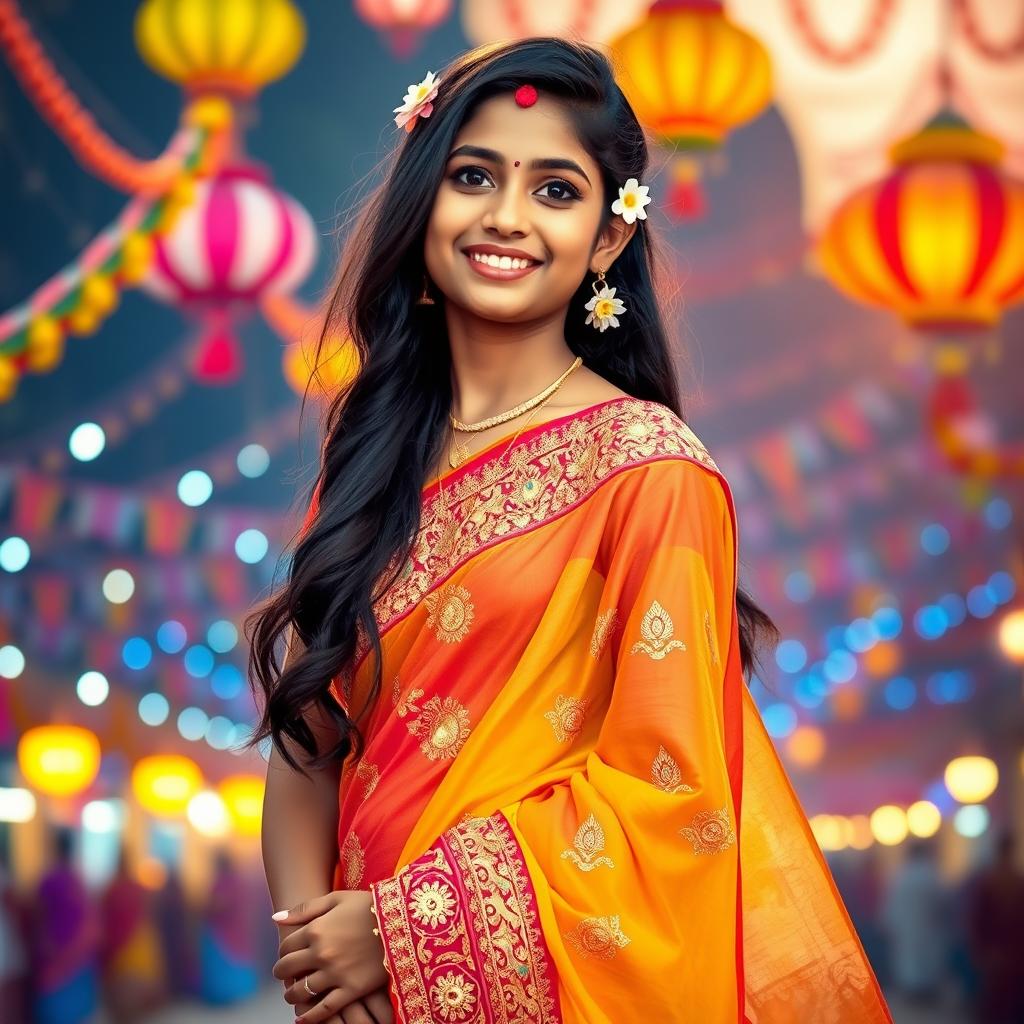 A beautiful Indian girl wearing a traditional saree, showing vibrant colors and intricate patterns