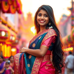 A beautiful Indian girl wearing a traditional saree, showing vibrant colors and intricate patterns