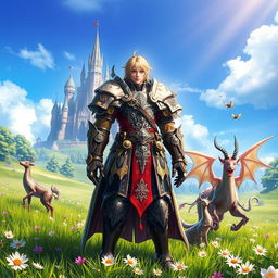 A vibrant scene depicting a character from Final Fantasy XIV, dressed in elaborate and intricate armor, showcasing a mix of medieval and fantasy elements