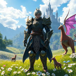 A vibrant scene depicting a character from Final Fantasy XIV, dressed in elaborate and intricate armor, showcasing a mix of medieval and fantasy elements