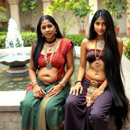 Two Indian ladies sitting on a low wall in a courtyard garden, adjacent to a water feature with a fountain