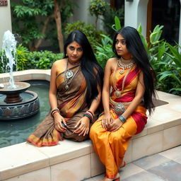 Two Indian ladies sitting on a low wall in a courtyard garden, adjacent to a water feature with a fountain