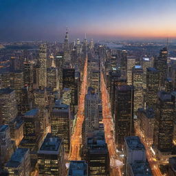 A sprawling cityscape under the twilit sky, with a variety of architectural wonders that reach for the stars. Skyscrapers with glittering windows illuminate the city, while streets buzz with the energy of bustling crowds and zooming vehicles.