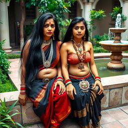 Two Indian ladies sitting on a low wall in a courtyard garden, adjacent to a water feature with a fountain