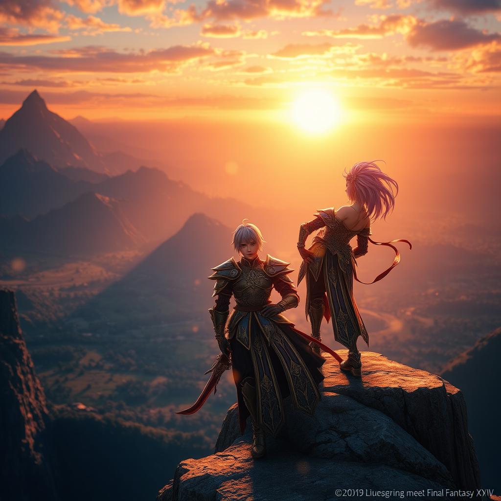 A stunning scene from Final Fantasy XIV, featuring an intricately designed character in a fantasy armor set standing atop a scenic cliff during sunset