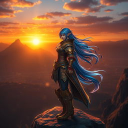 A stunning scene from Final Fantasy XIV, featuring an intricately designed character in a fantasy armor set standing atop a scenic cliff during sunset