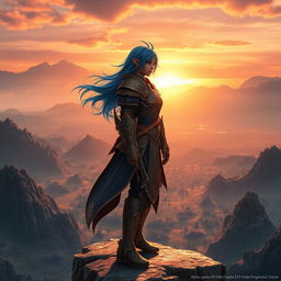 A stunning scene from Final Fantasy XIV, featuring an intricately designed character in a fantasy armor set standing atop a scenic cliff during sunset