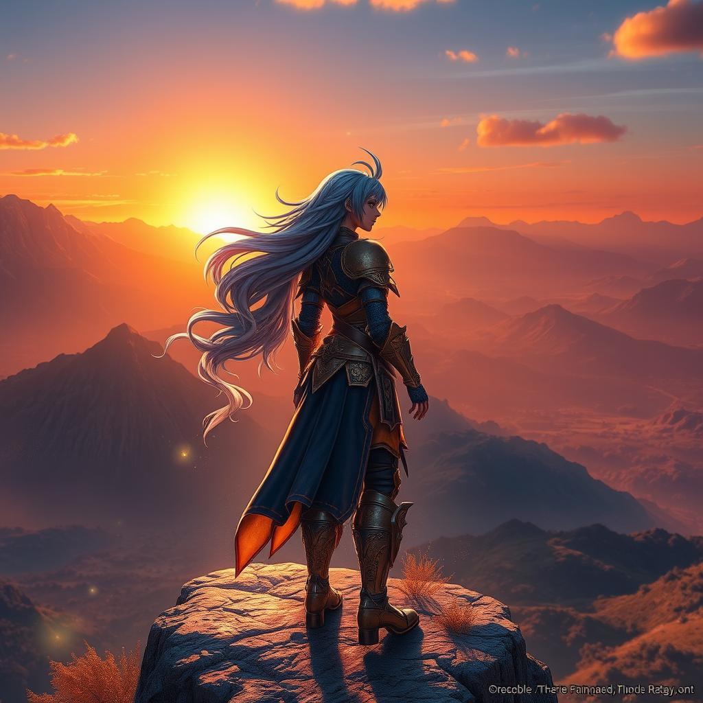 A stunning scene from Final Fantasy XIV, featuring an intricately designed character in a fantasy armor set standing atop a scenic cliff during sunset