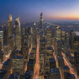 A sprawling cityscape under the twilit sky, with a variety of architectural wonders that reach for the stars. Skyscrapers with glittering windows illuminate the city, while streets buzz with the energy of bustling crowds and zooming vehicles.