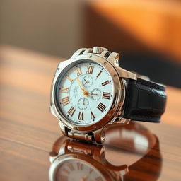 A stunning luxury watch prominently displayed on a polished wooden surface, featuring an intricate silver and gold design, with a white face adorned with elegant Roman numerals