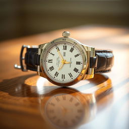 A stunning luxury watch prominently displayed on a polished wooden surface, featuring an intricate silver and gold design, with a white face adorned with elegant Roman numerals