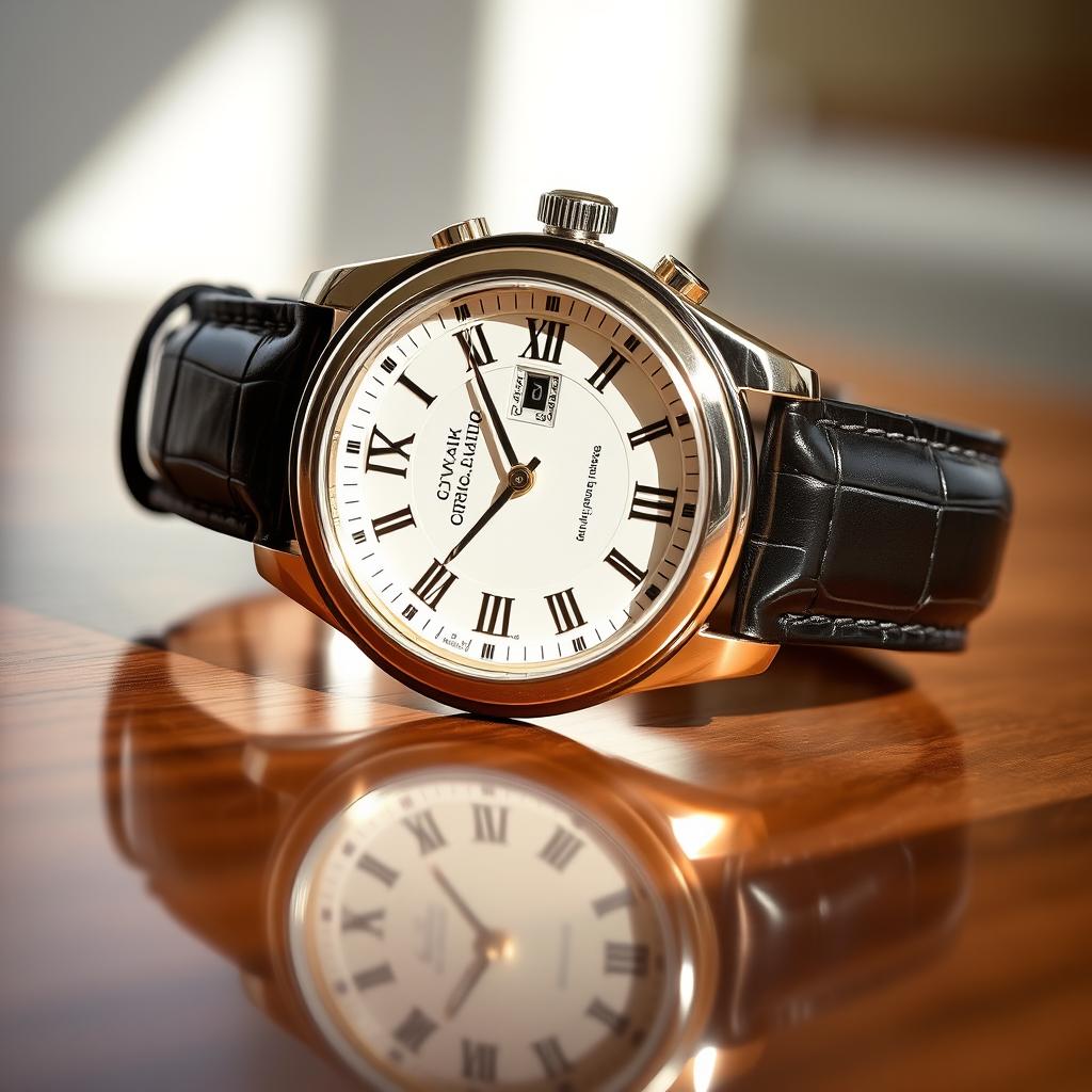 A stunning luxury watch prominently displayed on a polished wooden surface, featuring an intricate silver and gold design, with a white face adorned with elegant Roman numerals