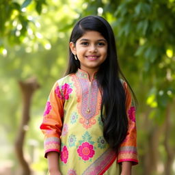 A young Indian girl dressed in a beautiful silk kurta, showcasing vibrant colors and intricate patterns, paired with tight black leggings