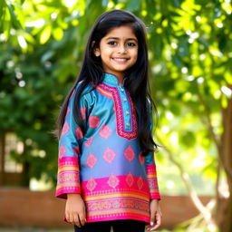 A young Indian girl dressed in a beautiful silk kurta, showcasing vibrant colors and intricate patterns, paired with tight black leggings