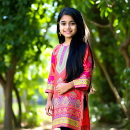 A young Indian girl dressed in a beautiful silk kurta, showcasing vibrant colors and intricate patterns, paired with tight black leggings