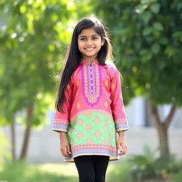 A young Indian girl dressed in a beautiful silk kurta, showcasing vibrant colors and intricate patterns, paired with tight black leggings