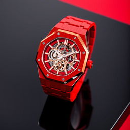 An Audemars Piguet Royal Oak Openwork watch in striking red ceramic, showcasing its intricate skeleton design through a transparent dial