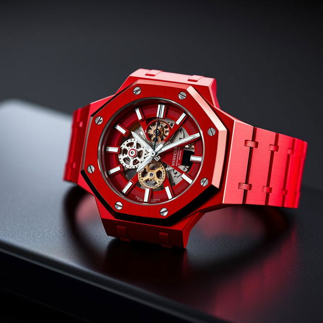 An Audemars Piguet Royal Oak Openwork watch in striking red ceramic, showcasing its intricate skeleton design through a transparent dial