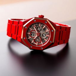 An Audemars Piguet Royal Oak Openwork watch in striking red ceramic, showcasing its intricate skeleton design through a transparent dial