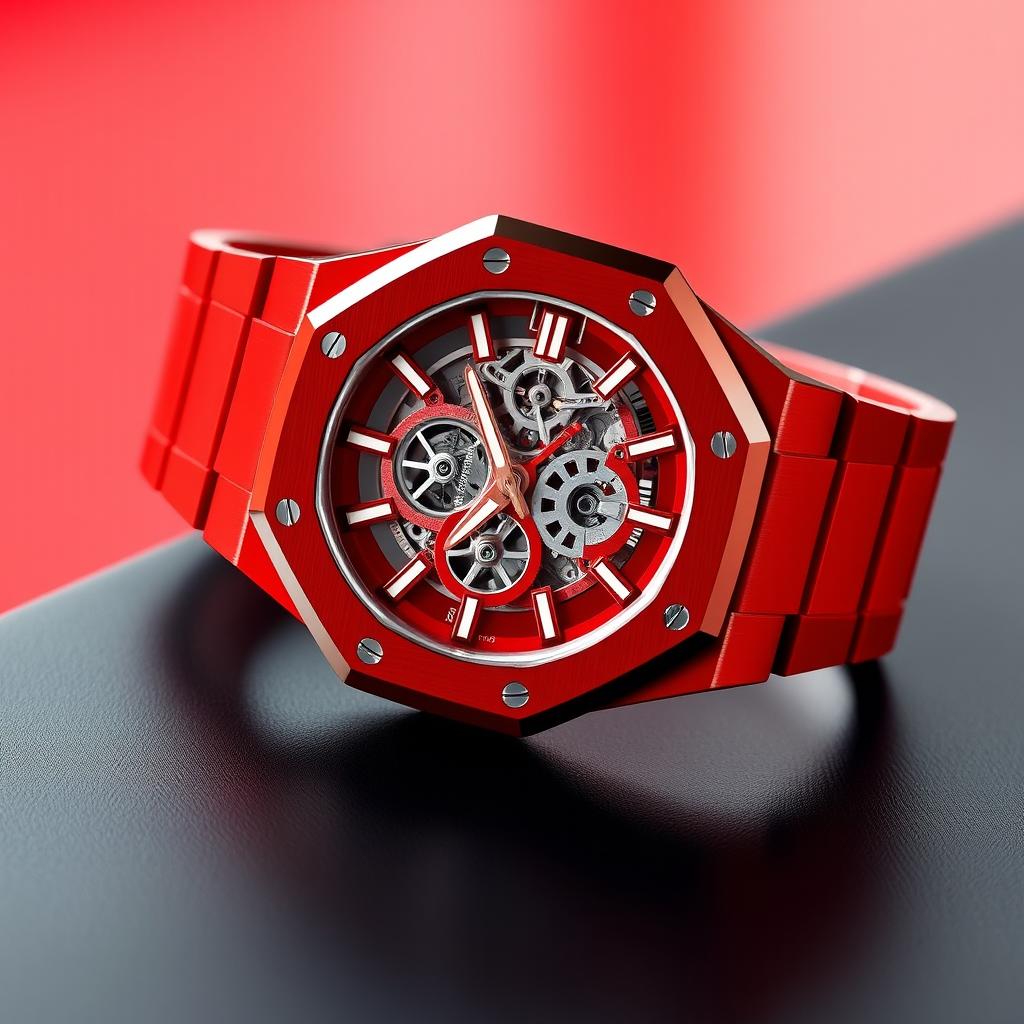 An Audemars Piguet Royal Oak Openwork watch in striking red ceramic, showcasing its intricate skeleton design through a transparent dial