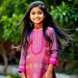 A young Indian girl wearing a beautifully designed silk kurta with intricate patterns and vibrant colors, paired with tight black leggings