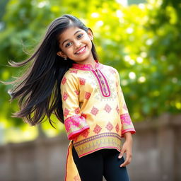 A young Indian girl wearing a beautifully designed silk kurta with intricate patterns and vibrant colors, paired with tight black leggings