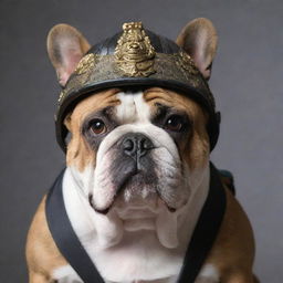 A formidable bulldog with intense gaze, adorned with a intricate samurai helmet.