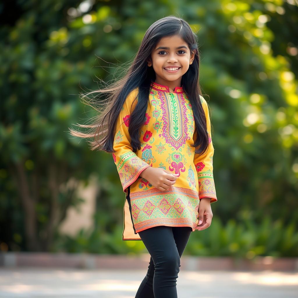 A young Indian girl wearing a beautifully designed silk kurta with intricate patterns and vibrant colors, paired with tight black leggings