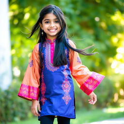 A young Indian girl wearing a beautifully designed silk kurta with intricate patterns and vibrant colors, paired with tight black leggings