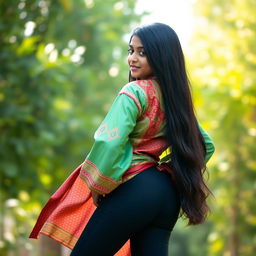 A 16-year-old Indian girl with a captivating pose, showcasing her big ass while wearing a beautifully designed silk kurta that flows elegantly over her body