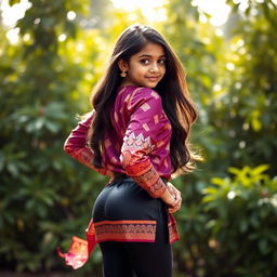 A 16-year-old Indian girl with a captivating pose, showcasing her big ass while wearing a beautifully designed silk kurta that flows elegantly over her body