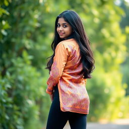 A 16-year-old Indian girl with a captivating pose, showcasing her big ass while wearing a beautifully designed silk kurta that flows elegantly over her body