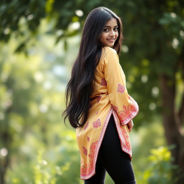 A 16-year-old Indian girl with a captivating pose, showcasing her big ass while wearing a beautifully designed silk kurta that flows elegantly over her body