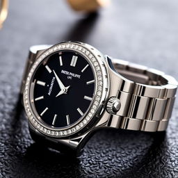 An elegant Patek Philippe Aquanaut watch featuring a luxurious diamond bezel and a sleek black dial