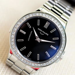 An elegant Patek Philippe Aquanaut watch featuring a luxurious diamond bezel and a sleek black dial