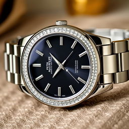 An elegant Patek Philippe Aquanaut watch featuring a luxurious diamond bezel and a sleek black dial