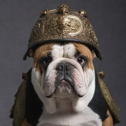 A formidable bulldog with intense gaze, adorned with a intricate samurai helmet.