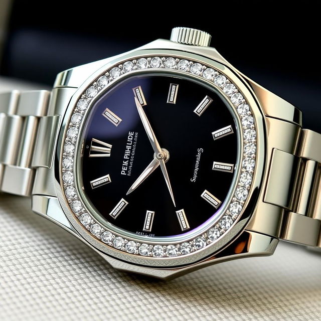 An elegant Patek Philippe Aquanaut watch featuring a luxurious diamond bezel and a sleek black dial