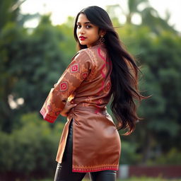 A 16-year-old Indian girl elegantly posing in a luxurious silk kurta, featuring intricate designs and vibrant colors, paired with tight leather leggings that accentuate her figure