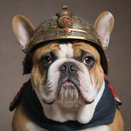 A formidable bulldog with intense gaze, adorned with a intricate samurai helmet.