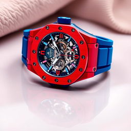 A luxury Richard Mille watch featuring a striking combination of red and blue colors