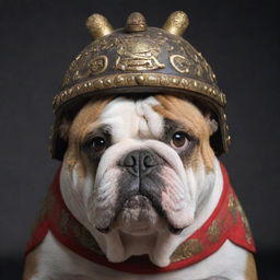 A formidable bulldog with intense gaze, adorned with a intricate samurai helmet.