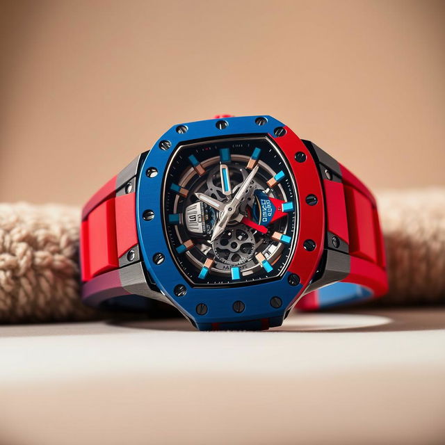 A luxury Richard Mille watch featuring a striking combination of red and blue colors