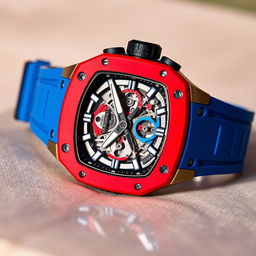 A luxury Richard Mille watch featuring a striking combination of red and blue colors