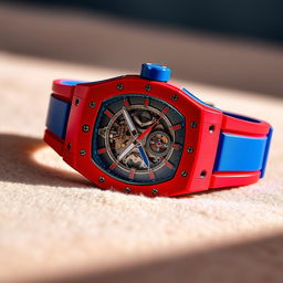 A luxury Richard Mille watch featuring a striking combination of red and blue colors